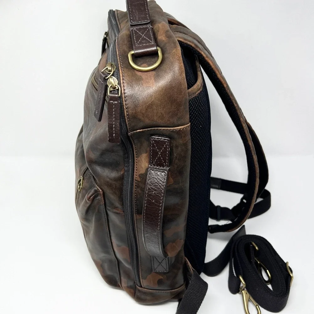 Fossil Buckner Leather Convertible Backpack Camo Brown‎ Bag Office Monogram WDD